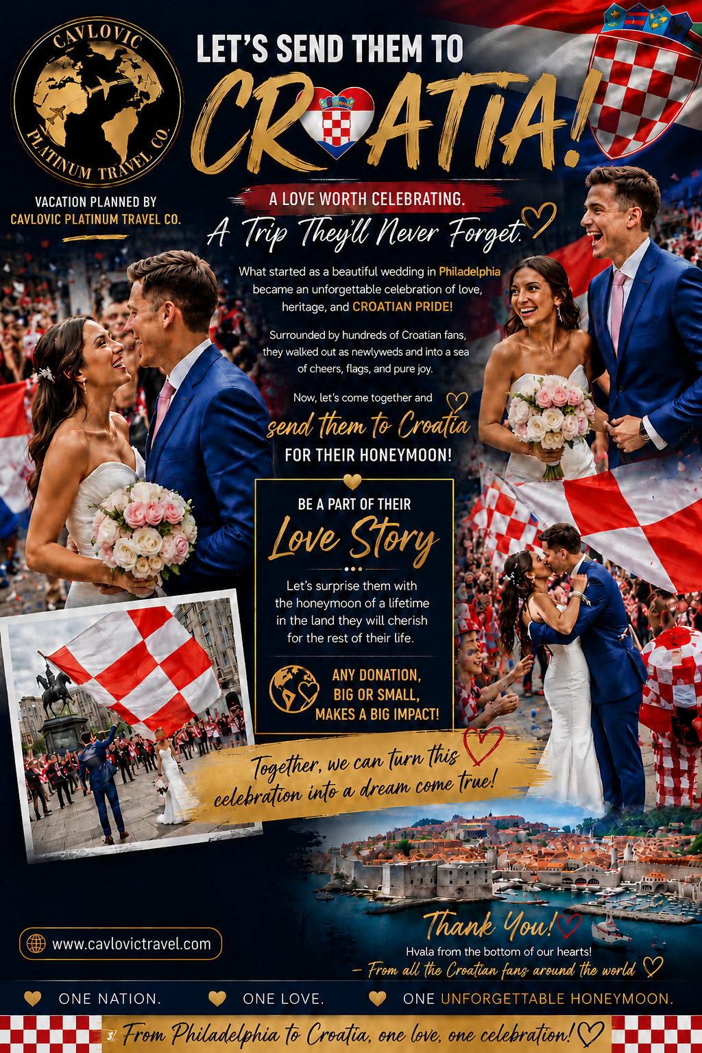 Let's Send Them to Croatia — community honeymoon donation campaign poster